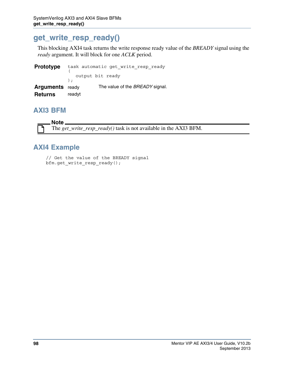 Get_write_resp_ready(), Axi3 bfm, Axi4 example | Altera Mentor Verification IP Altera Edition AMBA AXI3/4TM User Manual | Page 116 / 783