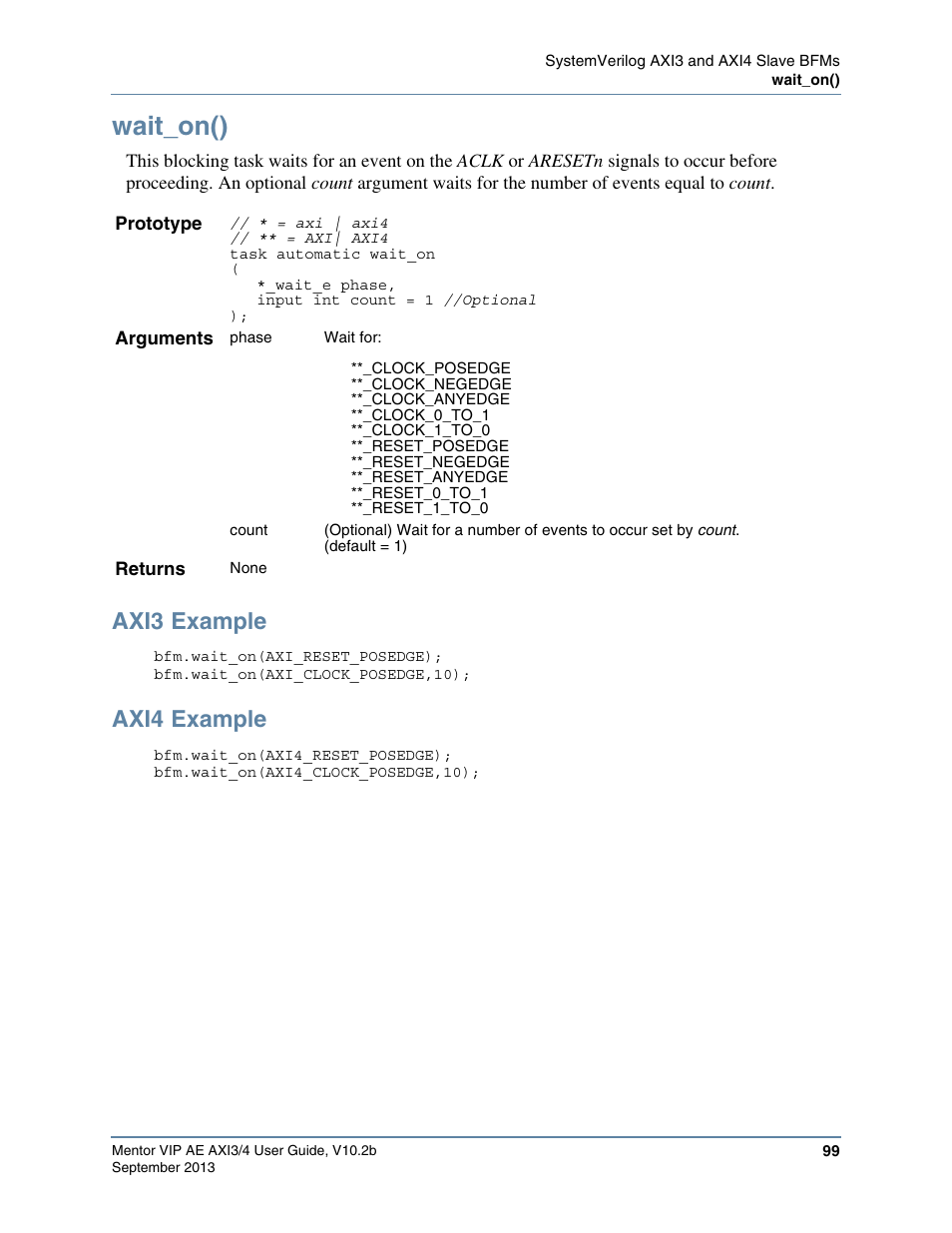 Wait_on(), Axi3 example, Axi4 example | Altera Mentor Verification IP Altera Edition AMBA AXI3/4TM User Manual | Page 117 / 783