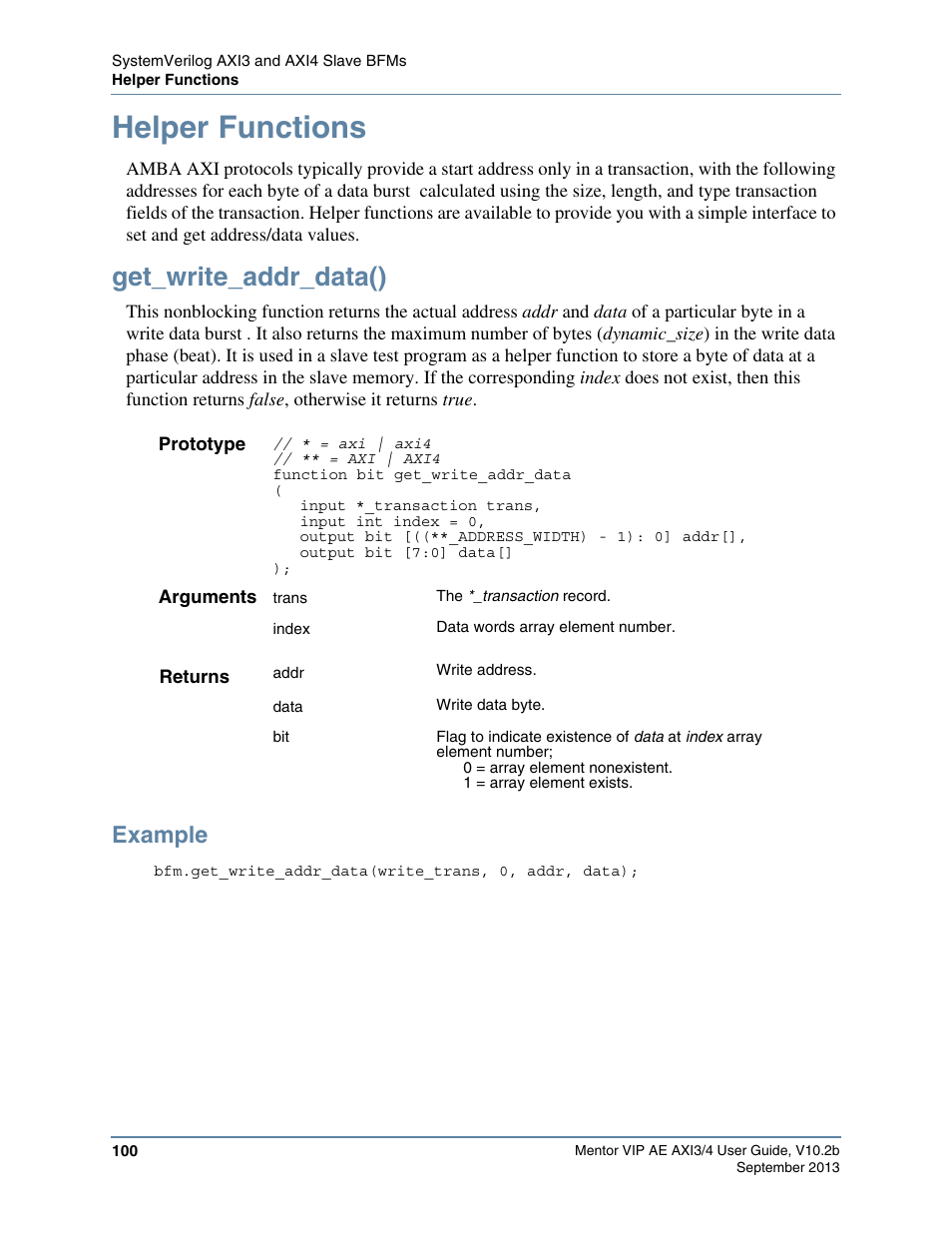 Helper functions, Get_write_addr_data(), Example | Altera Mentor Verification IP Altera Edition AMBA AXI3/4TM User Manual | Page 118 / 783