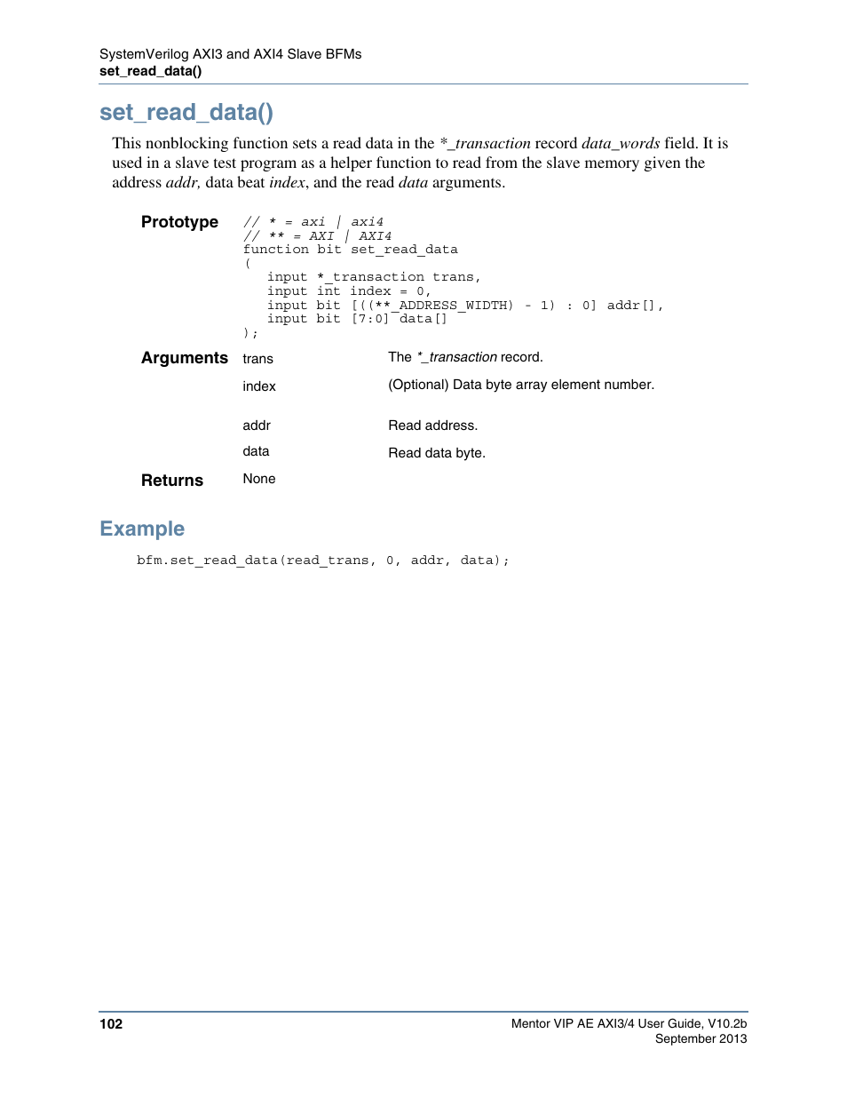 Set_read_data(), Example | Altera Mentor Verification IP Altera Edition AMBA AXI3/4TM User Manual | Page 120 / 783