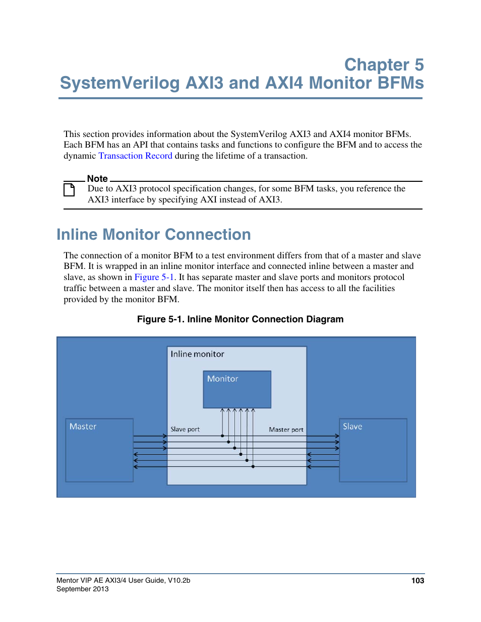 Chapter 5 systemverilog axi3 and axi4 monitor bfms, Inline monitor connection, Figure 5-1. inline monitor connection diagram | Altera Mentor Verification IP Altera Edition AMBA AXI3/4TM User Manual | Page 121 / 783