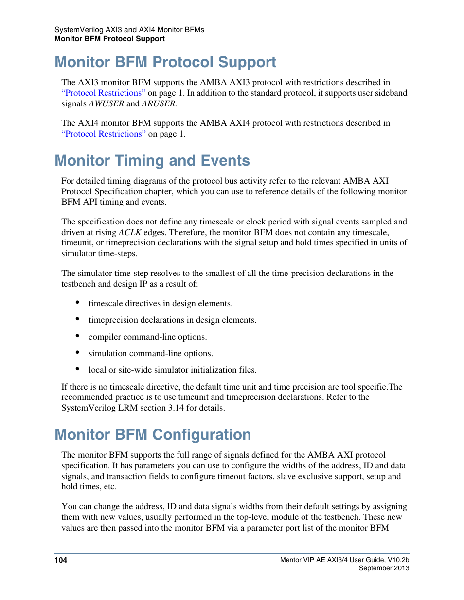 Monitor bfm protocol support, Monitor timing and events, Monitor bfm configuration | Altera Mentor Verification IP Altera Edition AMBA AXI3/4TM User Manual | Page 122 / 783