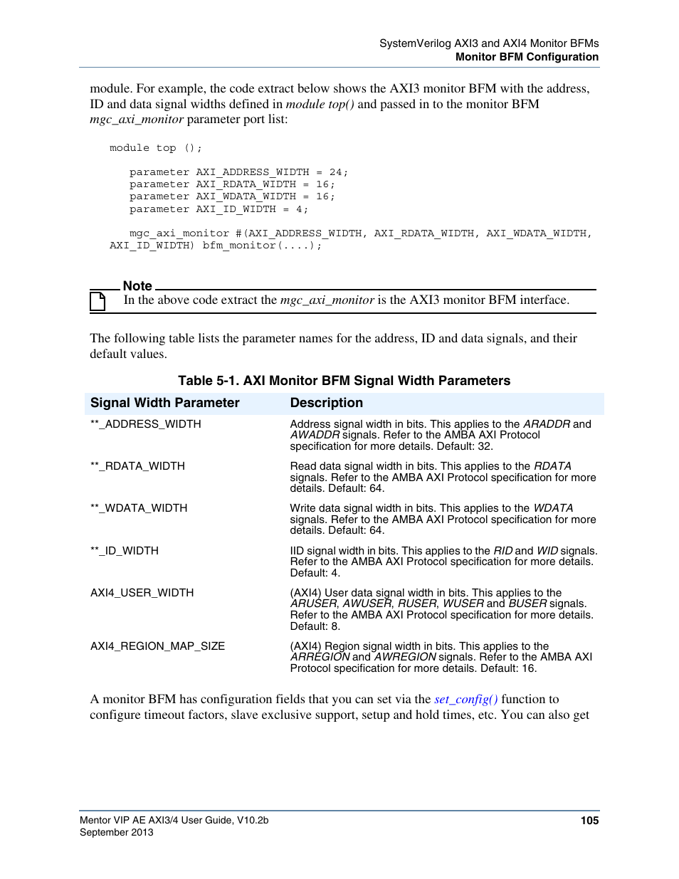 Table 5-1. axi monitor bfm signal width parameters | Altera Mentor Verification IP Altera Edition AMBA AXI3/4TM User Manual | Page 123 / 783