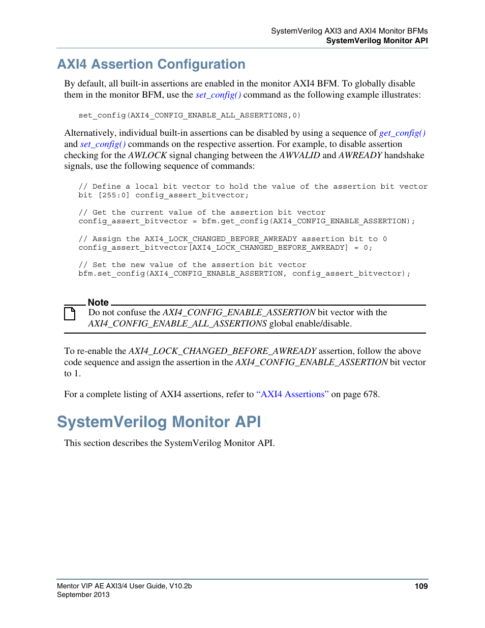 Axi4 assertion configuration, Systemverilog monitor api | Altera Mentor Verification IP Altera Edition AMBA AXI3/4TM User Manual | Page 127 / 783