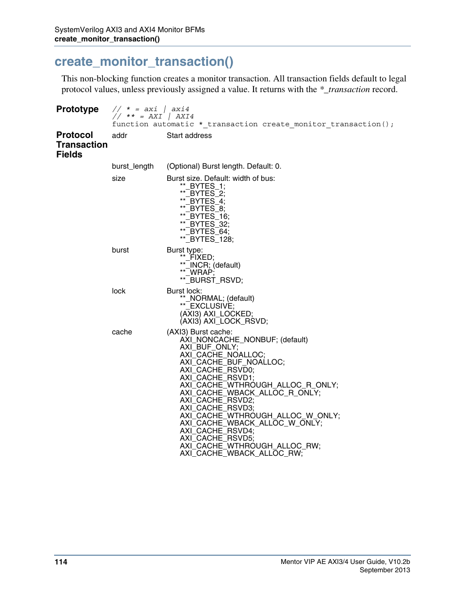 Create_monitor_transaction(), Function, For the monitor bfm api | Altera Mentor Verification IP Altera Edition AMBA AXI3/4TM User Manual | Page 132 / 783