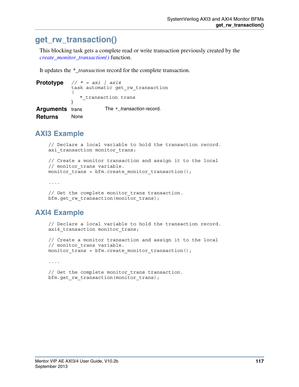 Get_rw_transaction(), Axi3 example, Axi4 example | Altera Mentor Verification IP Altera Edition AMBA AXI3/4TM User Manual | Page 135 / 783