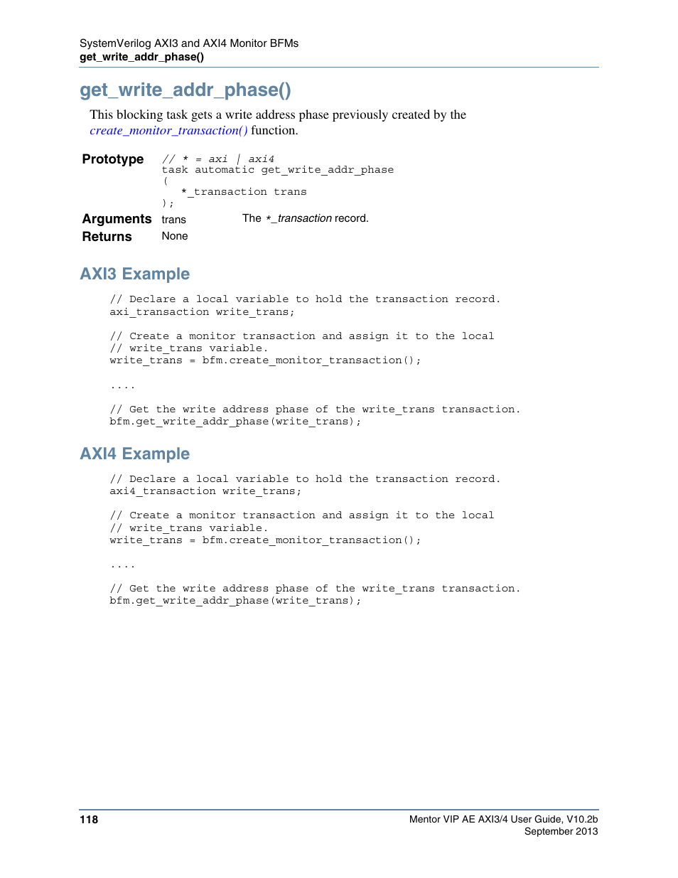 Get_write_addr_phase(), Axi3 example, Axi4 example | Altera Mentor Verification IP Altera Edition AMBA AXI3/4TM User Manual | Page 136 / 783