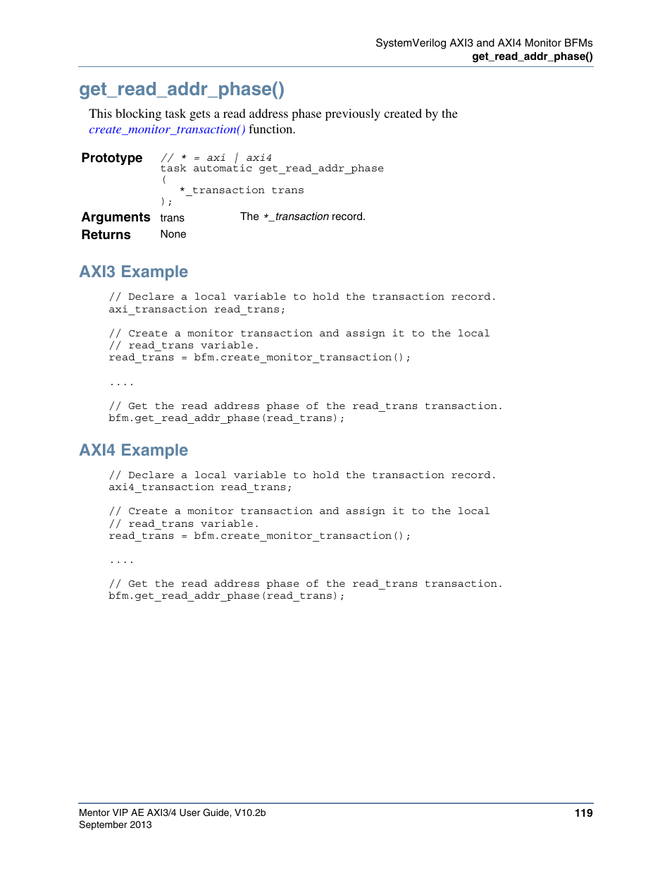 Get_read_addr_phase(), Axi3 example, Axi4 example | Altera Mentor Verification IP Altera Edition AMBA AXI3/4TM User Manual | Page 137 / 783