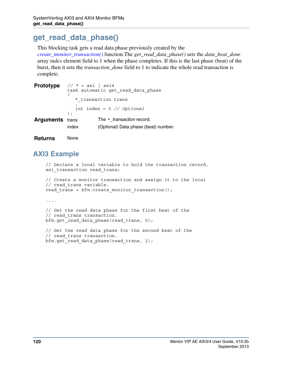 Get_read_data_phase(), Axi3 example | Altera Mentor Verification IP Altera Edition AMBA AXI3/4TM User Manual | Page 138 / 783