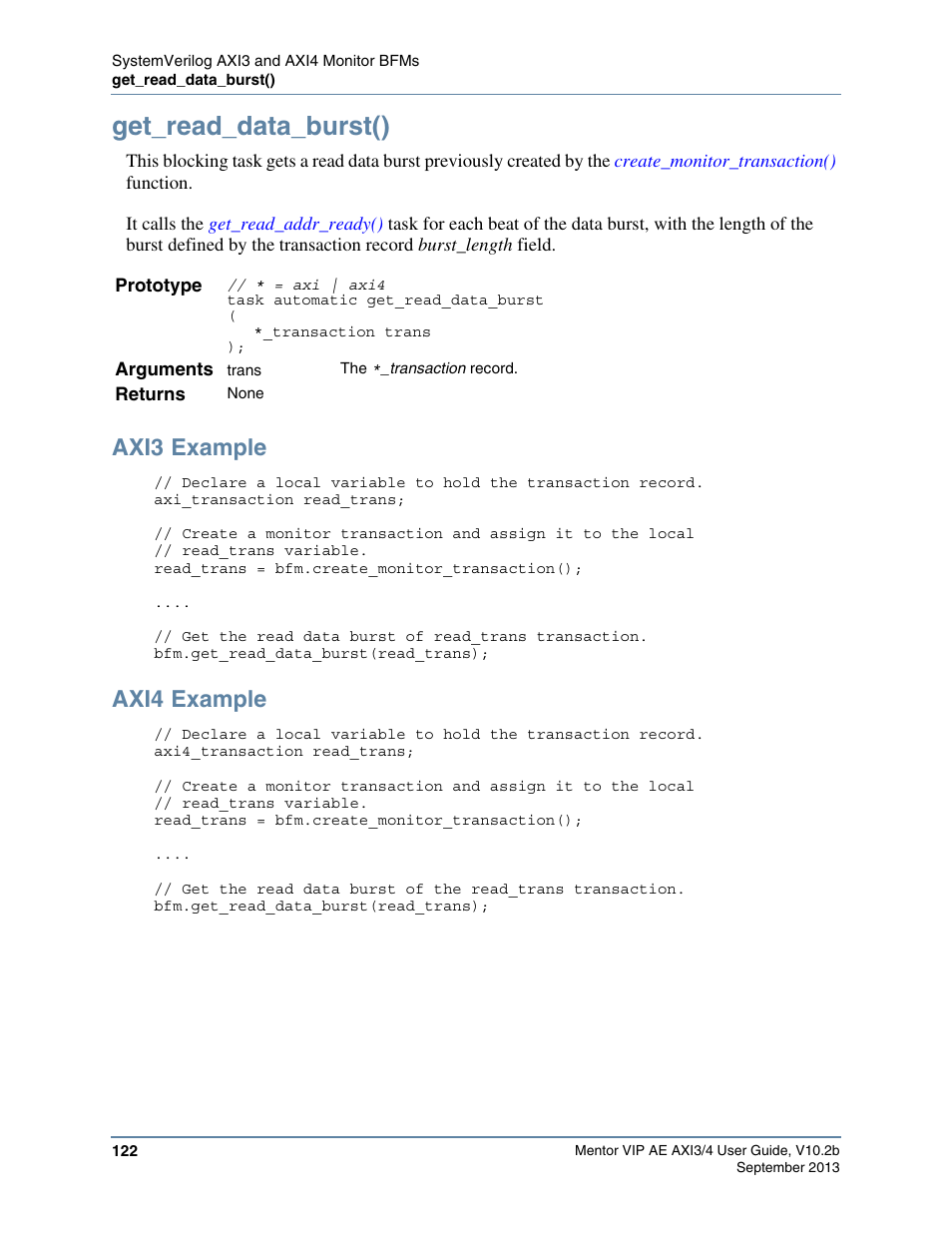 Get_read_data_burst(), Axi3 example, Axi4 example | Altera Mentor Verification IP Altera Edition AMBA AXI3/4TM User Manual | Page 140 / 783