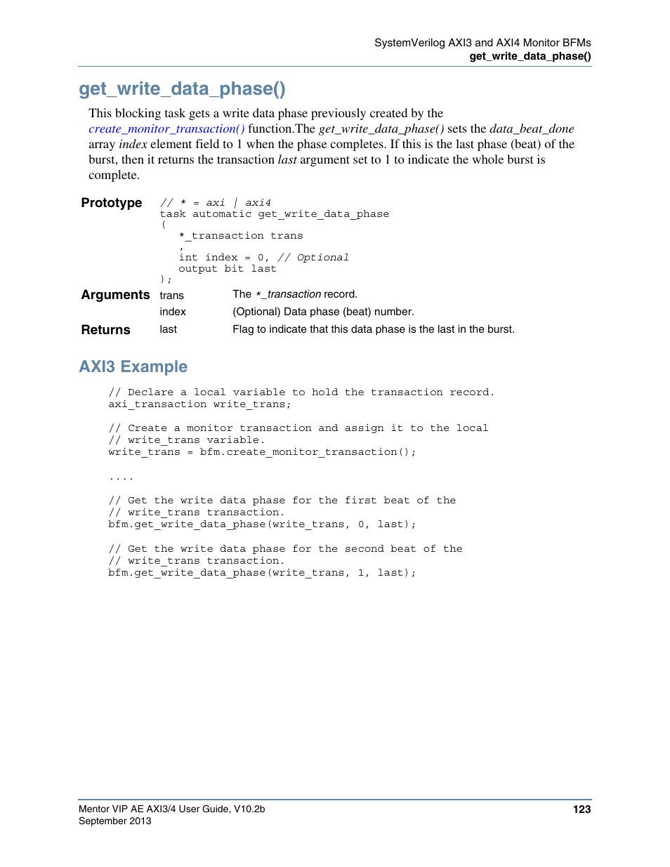 Get_write_data_phase(), Axi3 example | Altera Mentor Verification IP Altera Edition AMBA AXI3/4TM User Manual | Page 141 / 783