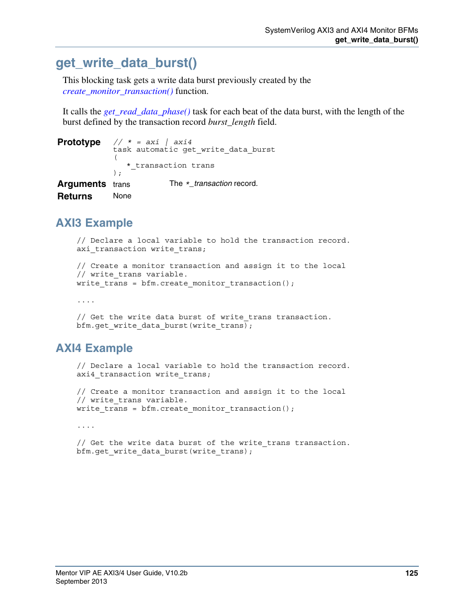 Get_write_data_burst(), Axi3 example, Axi4 example | Altera Mentor Verification IP Altera Edition AMBA AXI3/4TM User Manual | Page 143 / 783