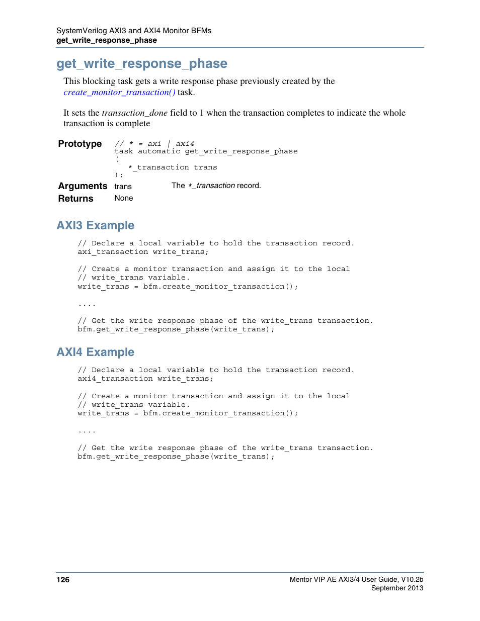 Get_write_response_phase, Axi3 example, Axi4 example | Altera Mentor Verification IP Altera Edition AMBA AXI3/4TM User Manual | Page 144 / 783