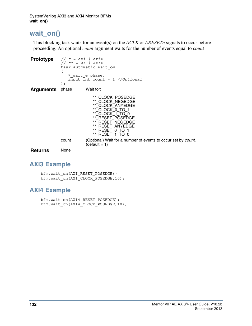 Wait_on(), Axi3 example, Axi4 example | Altera Mentor Verification IP Altera Edition AMBA AXI3/4TM User Manual | Page 150 / 783