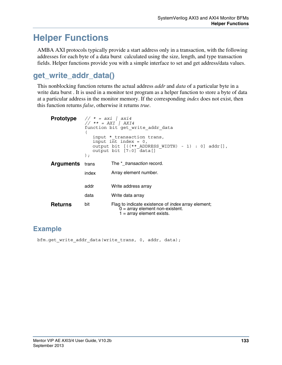 Helper functions, Get_write_addr_data(), Example | Altera Mentor Verification IP Altera Edition AMBA AXI3/4TM User Manual | Page 151 / 783