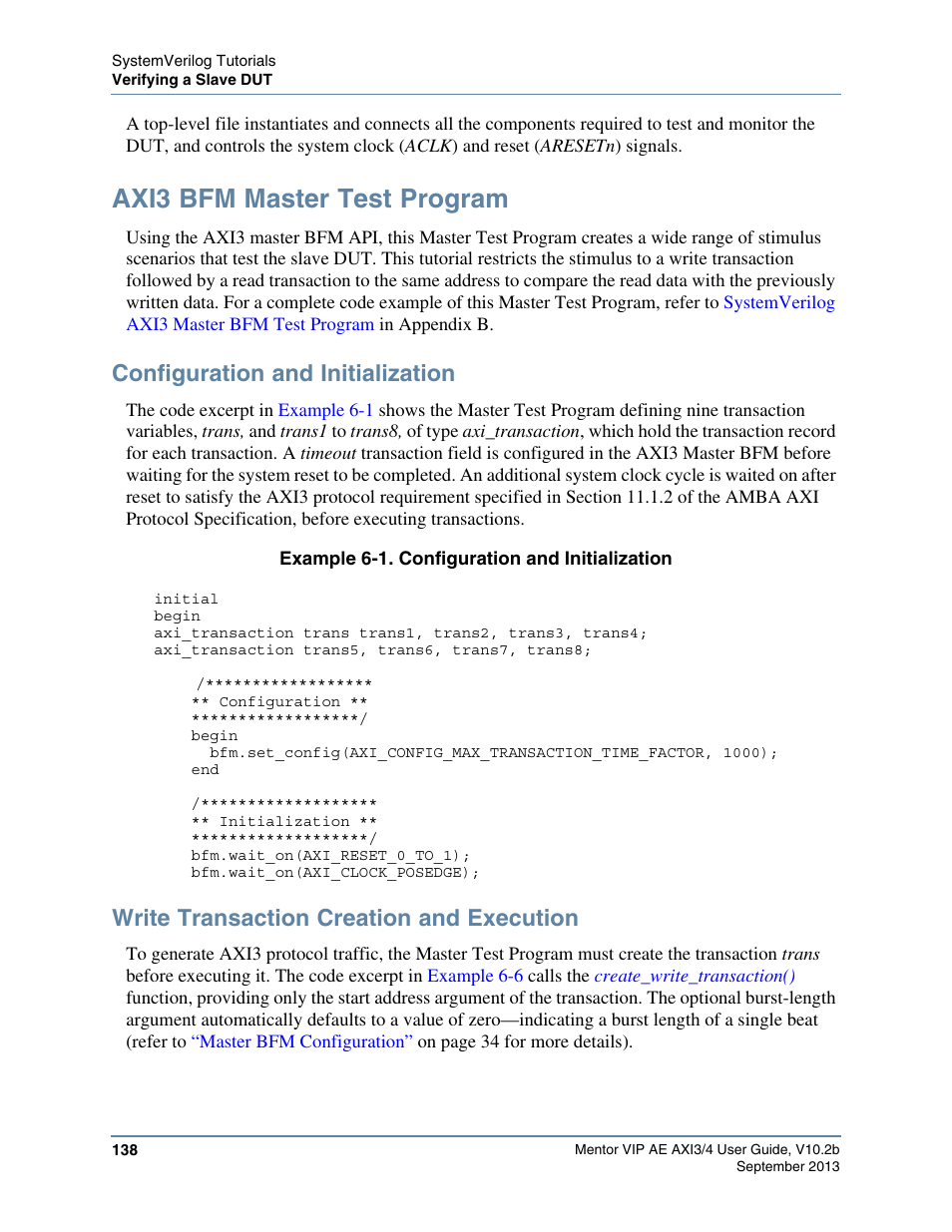 Axi3 bfm master test program, Configuration and initialization, Write transaction creation and execution | Example 6-1. configuration and initialization | Altera Mentor Verification IP Altera Edition AMBA AXI3/4TM User Manual | Page 156 / 783