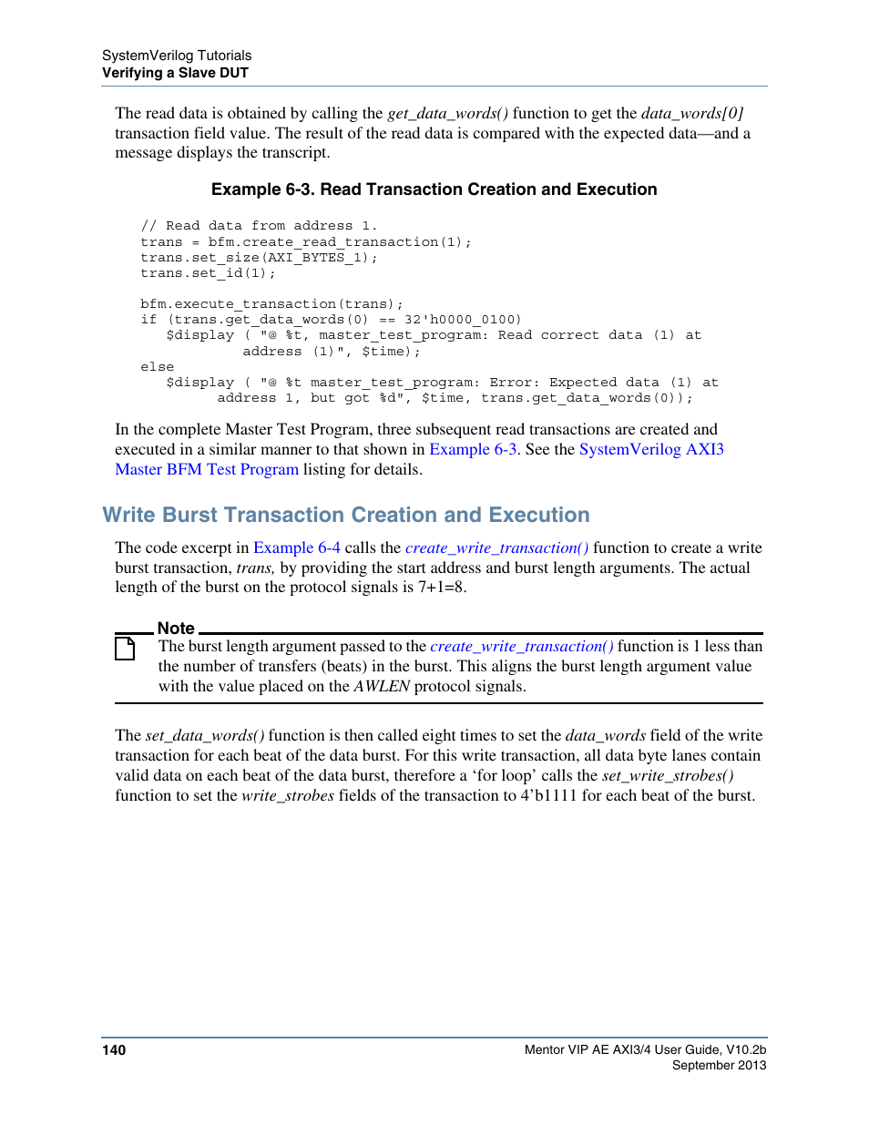 Write burst transaction creation and execution, Example 6-3, Reads the data that has been pr | Altera Mentor Verification IP Altera Edition AMBA AXI3/4TM User Manual | Page 158 / 783