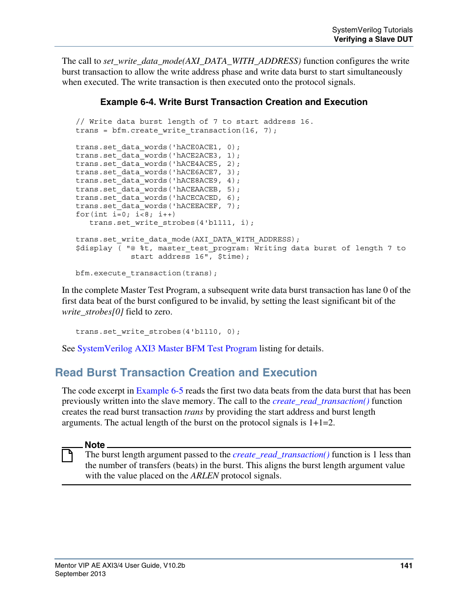 Read burst transaction creation and execution, The code excerpt in, Example 6-4 | Altera Mentor Verification IP Altera Edition AMBA AXI3/4TM User Manual | Page 159 / 783