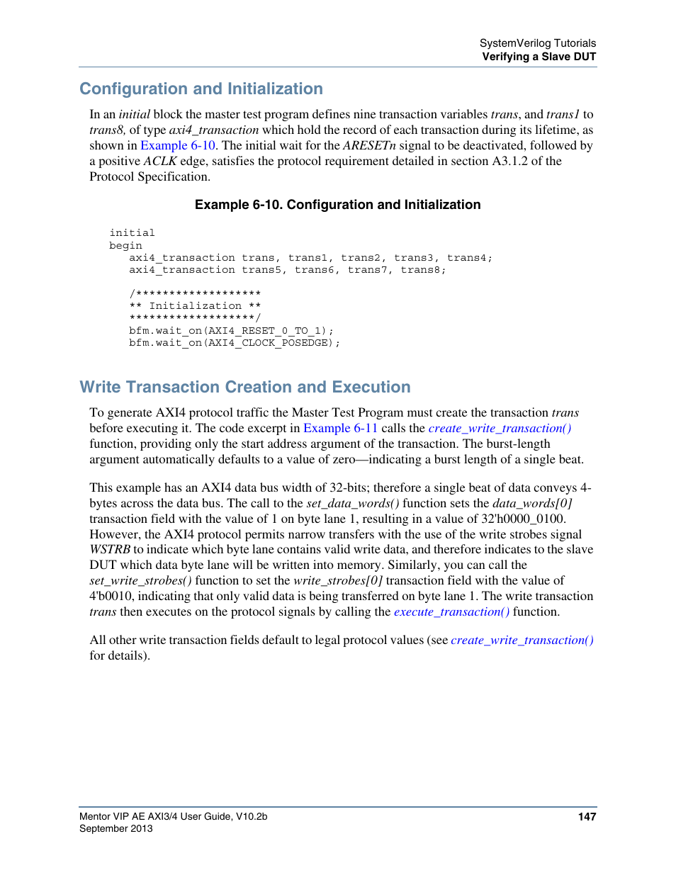 Configuration and initialization, Write transaction creation and execution, Example 6-10. configuration and initialization | Altera Mentor Verification IP Altera Edition AMBA AXI3/4TM User Manual | Page 165 / 783