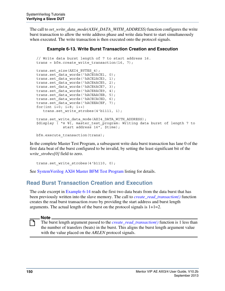Read burst transaction creation and execution, Example 6-13 | Altera Mentor Verification IP Altera Edition AMBA AXI3/4TM User Manual | Page 168 / 783
