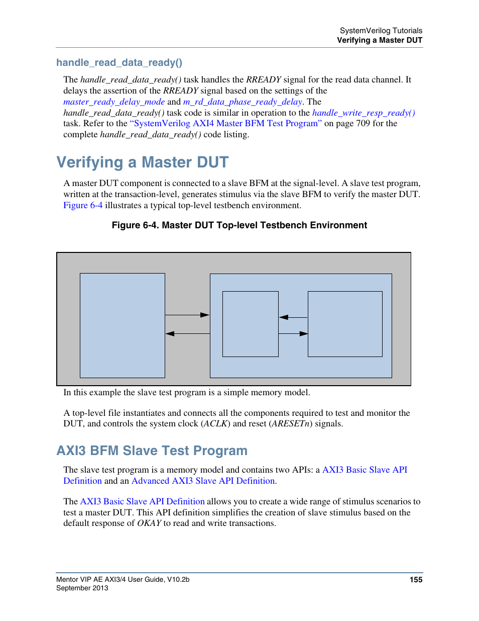Handle_read_data_ready(), Verifying a master dut, Axi3 bfm slave test program | In the, Tutoria | Altera Mentor Verification IP Altera Edition AMBA AXI3/4TM User Manual | Page 173 / 783