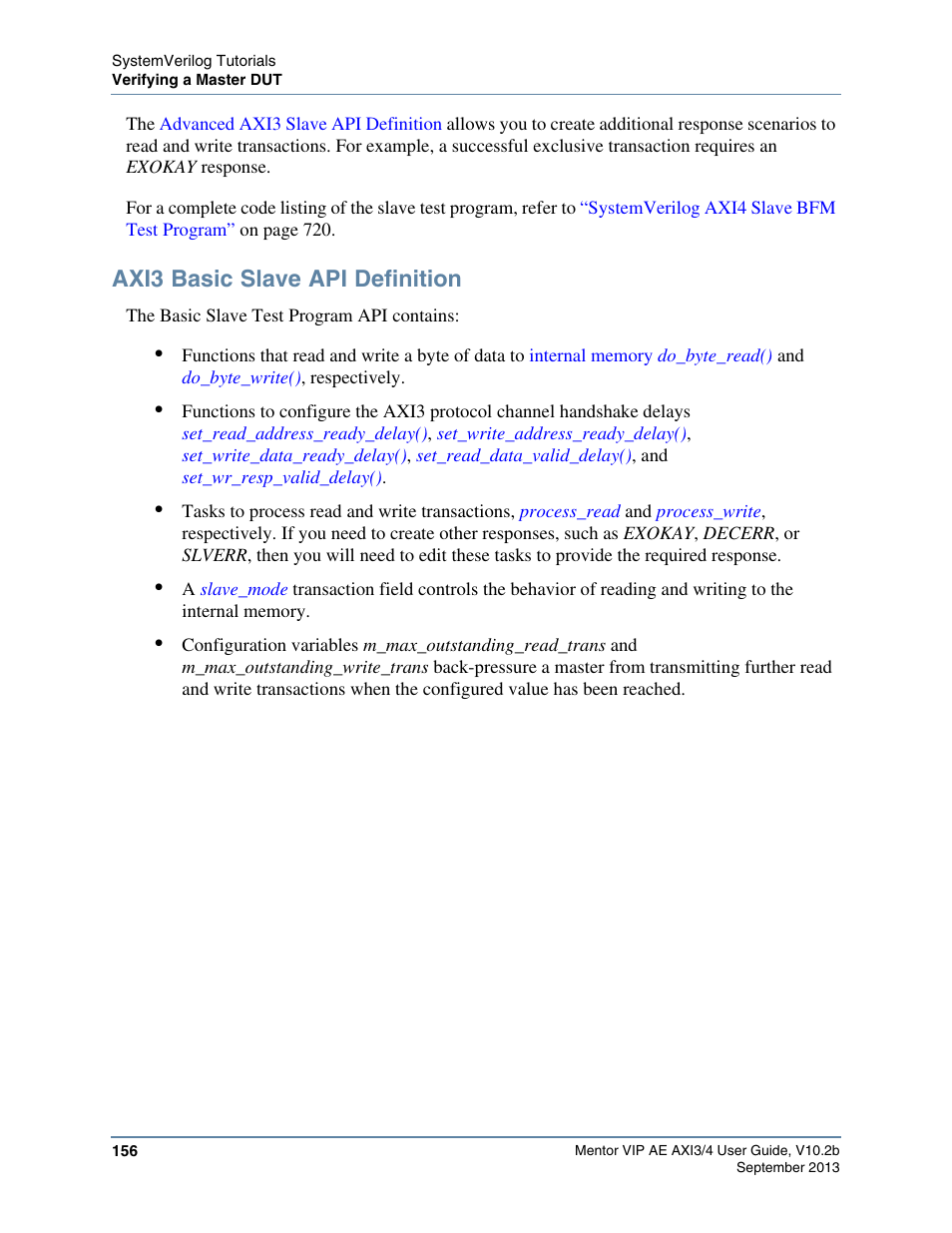Axi3 basic slave api definition, Axi3 basic slave api, Definition | Altera Mentor Verification IP Altera Edition AMBA AXI3/4TM User Manual | Page 174 / 783