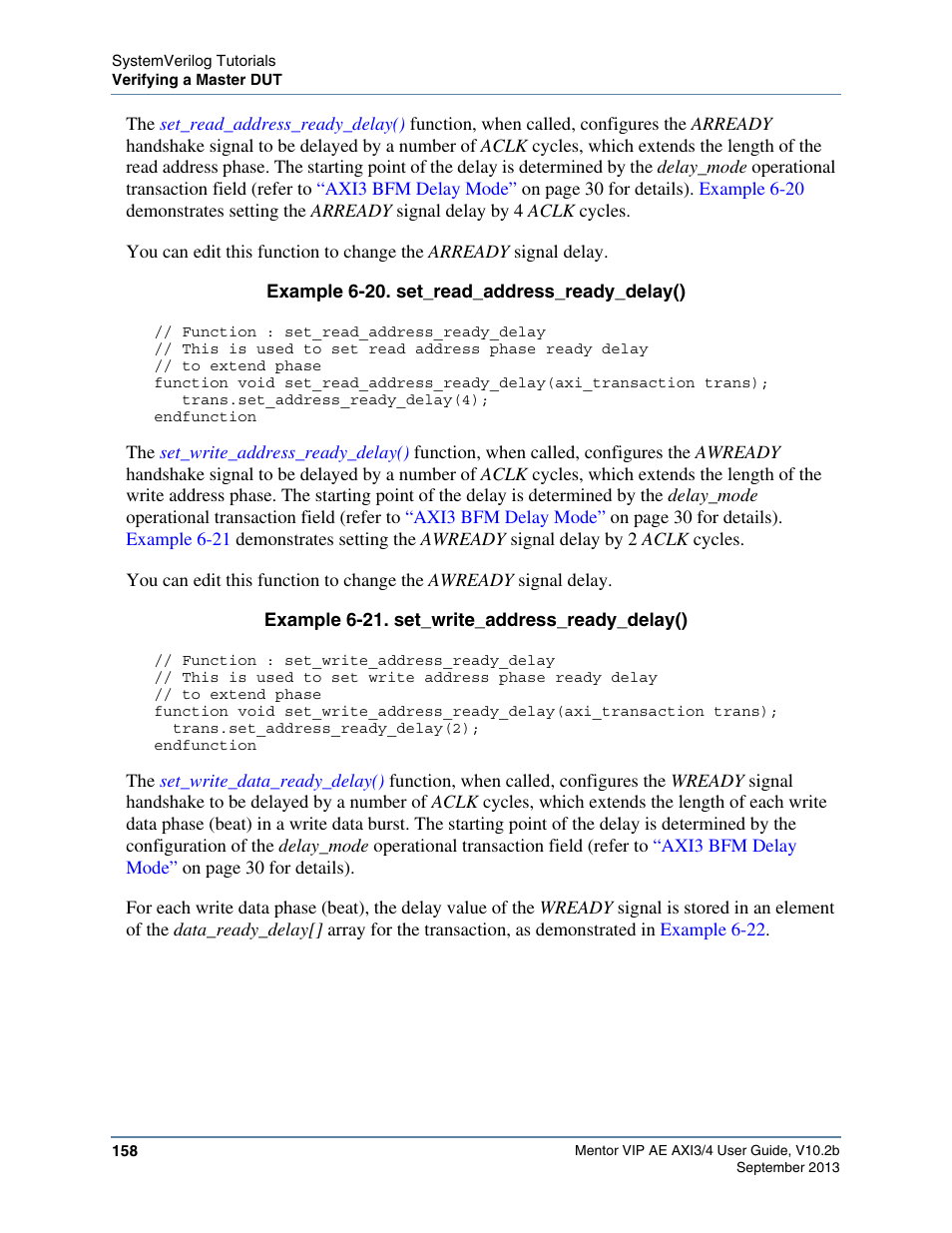 Set_read_address_ready_delay(), Set_write_address_ready_delay() | Altera Mentor Verification IP Altera Edition AMBA AXI3/4TM User Manual | Page 176 / 783