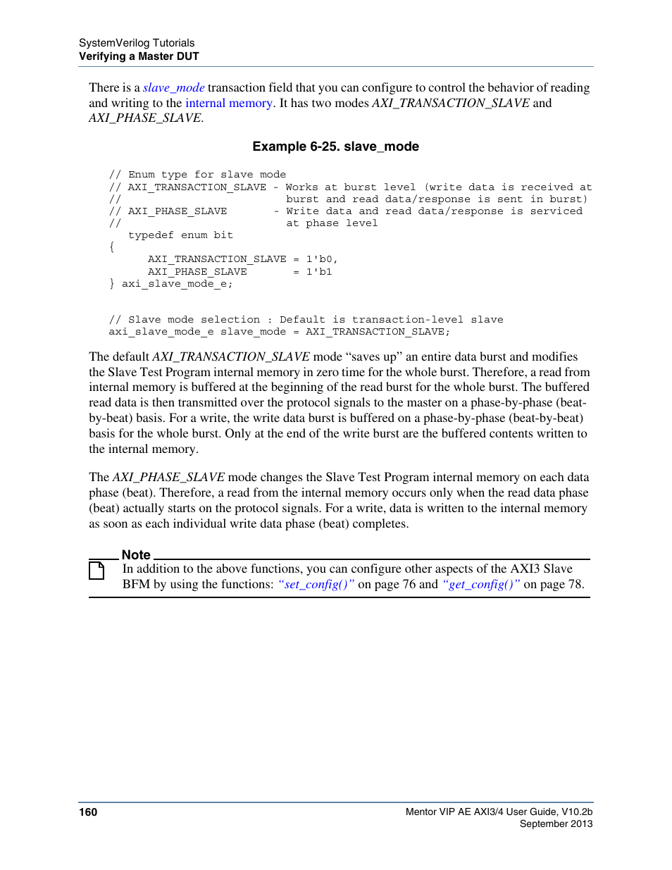 Example 6-25. slave_mode, Slave_mode | Altera Mentor Verification IP Altera Edition AMBA AXI3/4TM User Manual | Page 178 / 783