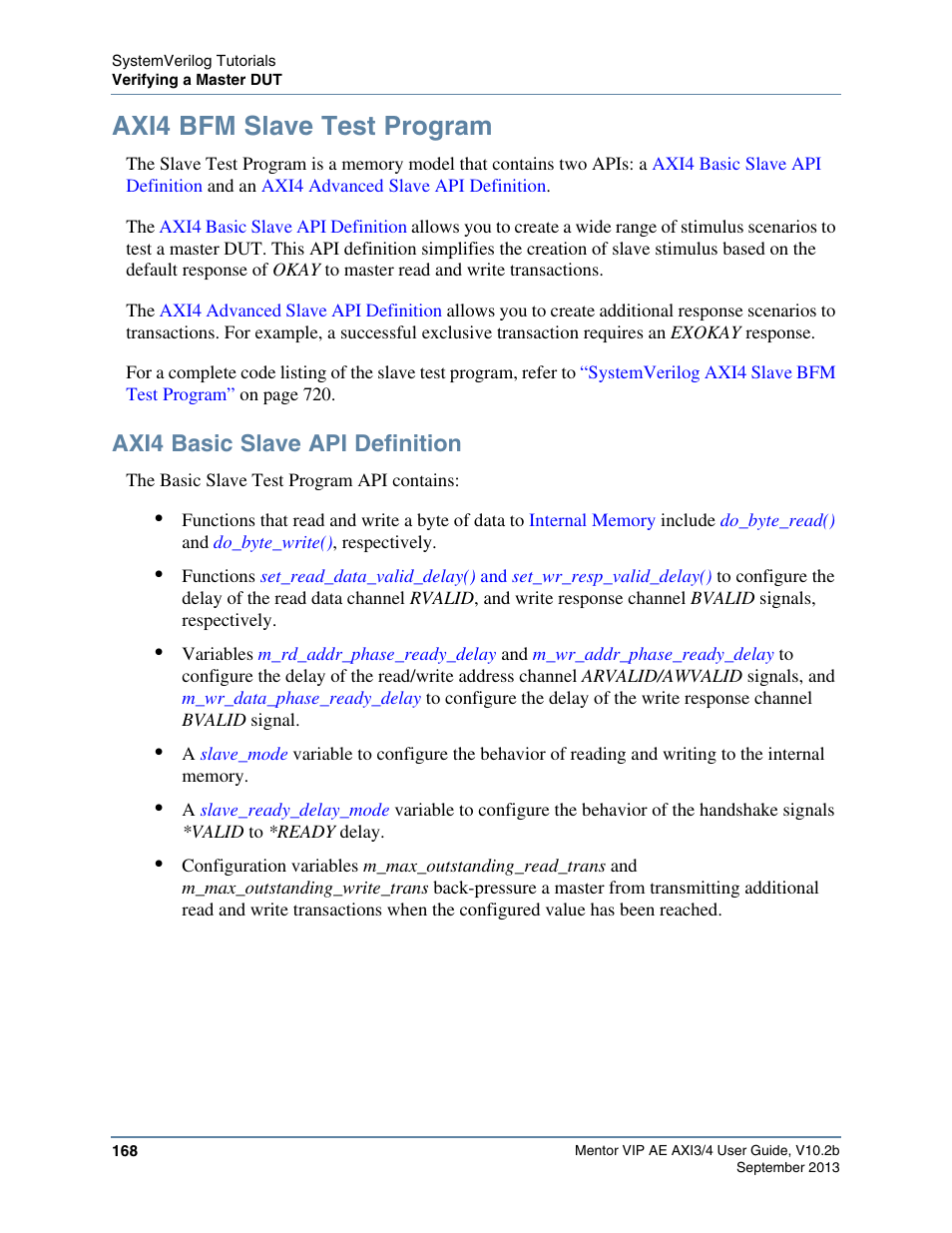 Axi4 bfm slave test program, Axi4 basic slave api definition | Altera Mentor Verification IP Altera Edition AMBA AXI3/4TM User Manual | Page 186 / 783