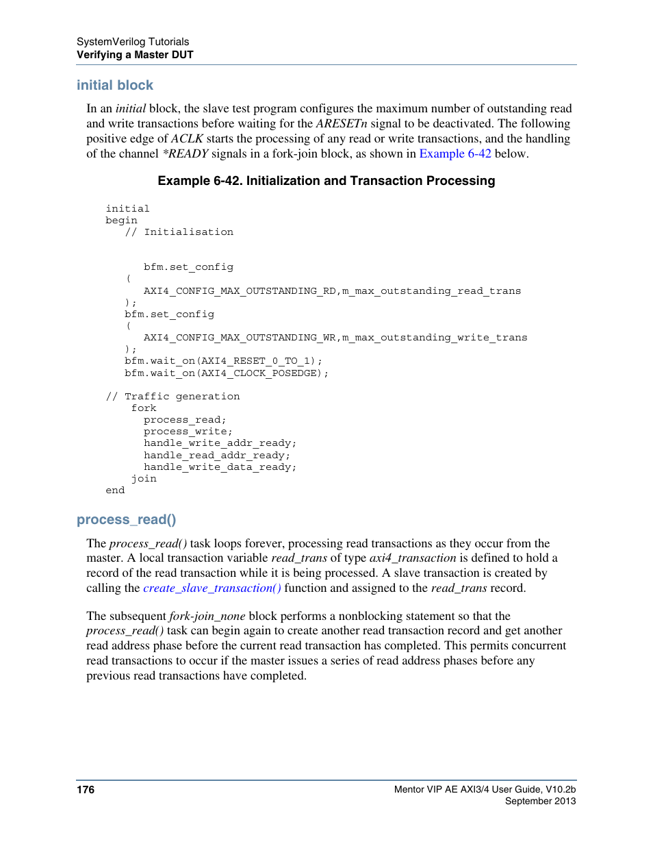 Initial block, Process_read() | Altera Mentor Verification IP Altera Edition AMBA AXI3/4TM User Manual | Page 194 / 783