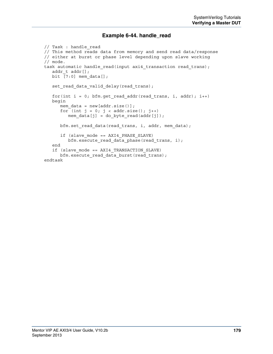 Example 6-44. handle_read | Altera Mentor Verification IP Altera Edition AMBA AXI3/4TM User Manual | Page 197 / 783