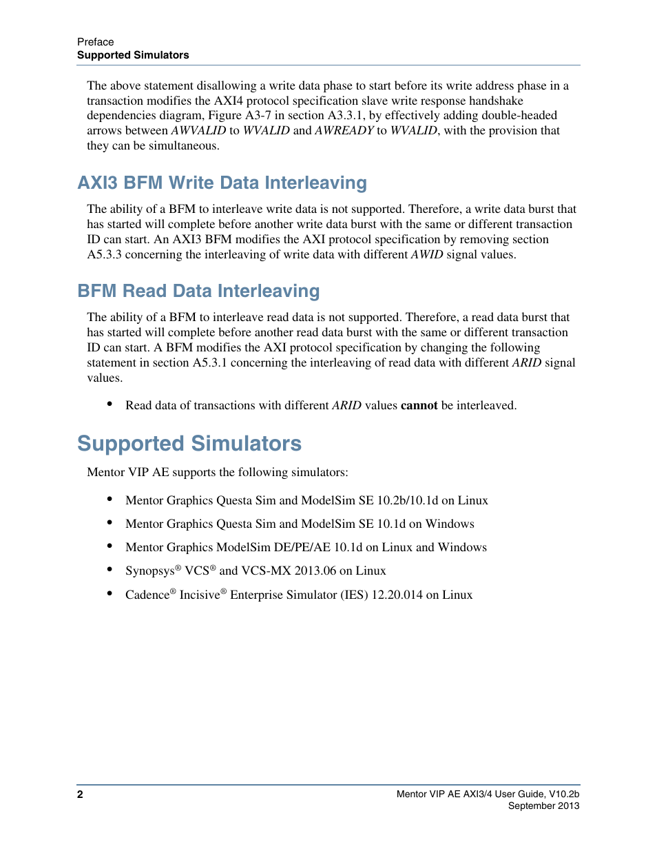 Axi3 bfm write data interleaving, Bfm read data interleaving, Supported simulators | Altera Mentor Verification IP Altera Edition AMBA AXI3/4TM User Manual | Page 20 / 783
