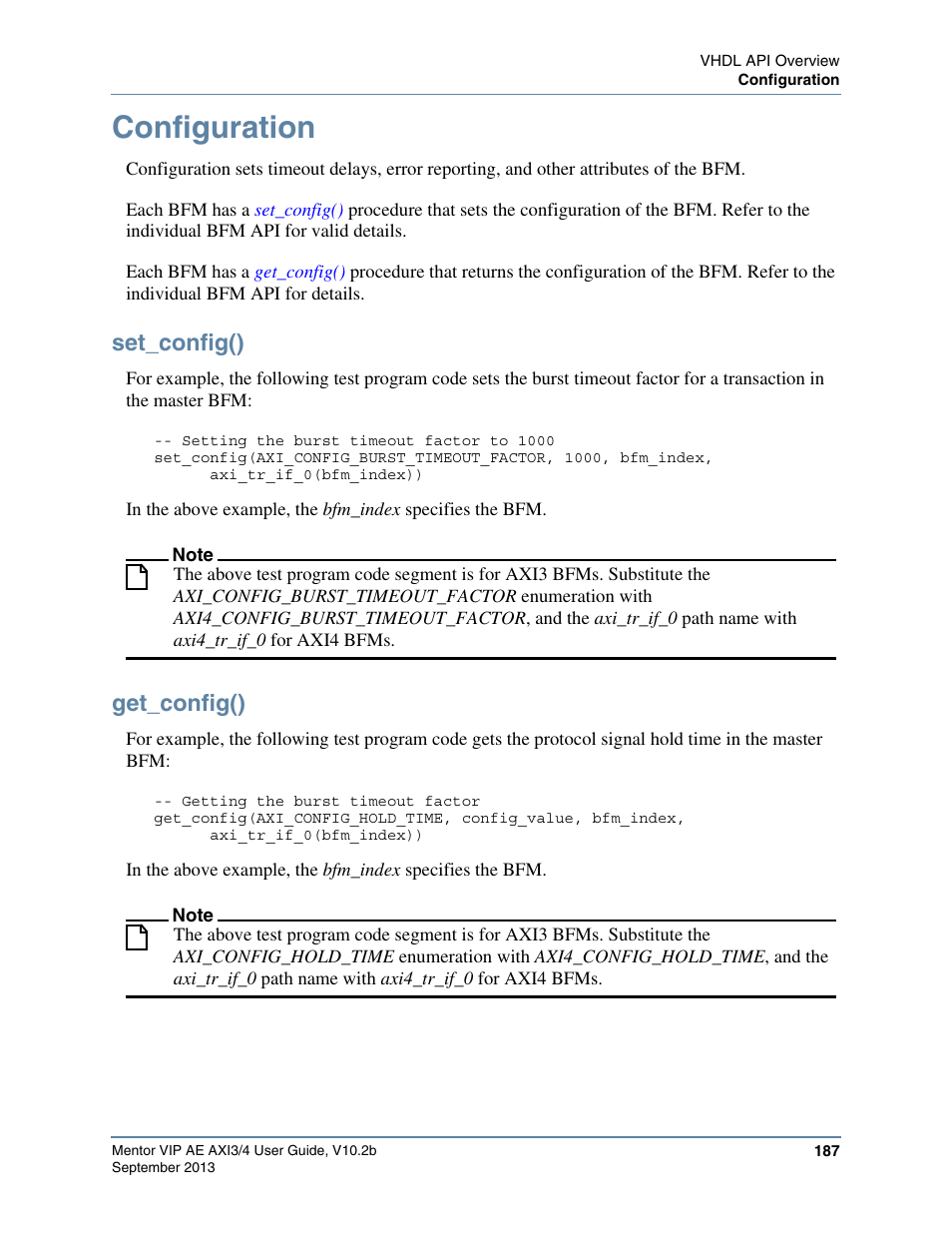 Configuration, Set_config(), Get_config() | Altera Mentor Verification IP Altera Edition AMBA AXI3/4TM User Manual | Page 205 / 783