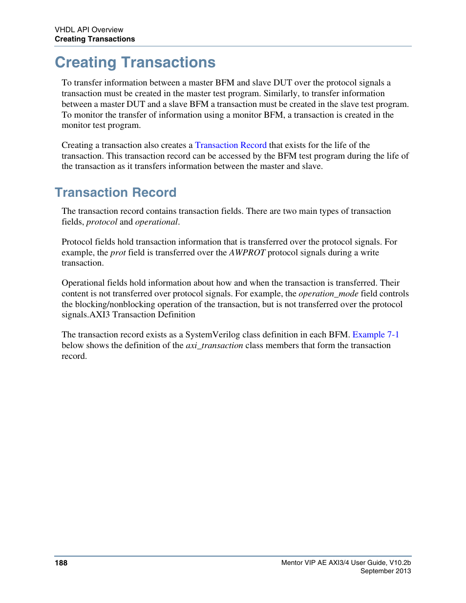 Creating transactions, Transaction record | Altera Mentor Verification IP Altera Edition AMBA AXI3/4TM User Manual | Page 206 / 783