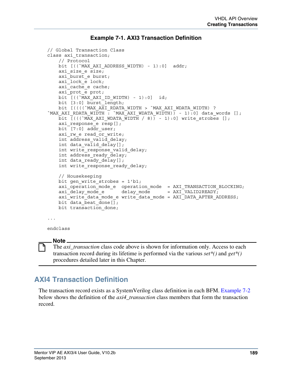 Axi4 transaction definition, Example 7-1. axi3 transaction definition, Example 7-1 | Altera Mentor Verification IP Altera Edition AMBA AXI3/4TM User Manual | Page 207 / 783