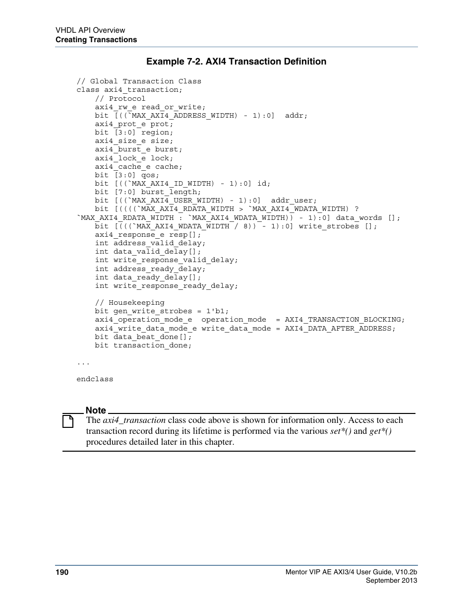 Example 7-2. axi4 transaction definition | Altera Mentor Verification IP Altera Edition AMBA AXI3/4TM User Manual | Page 208 / 783