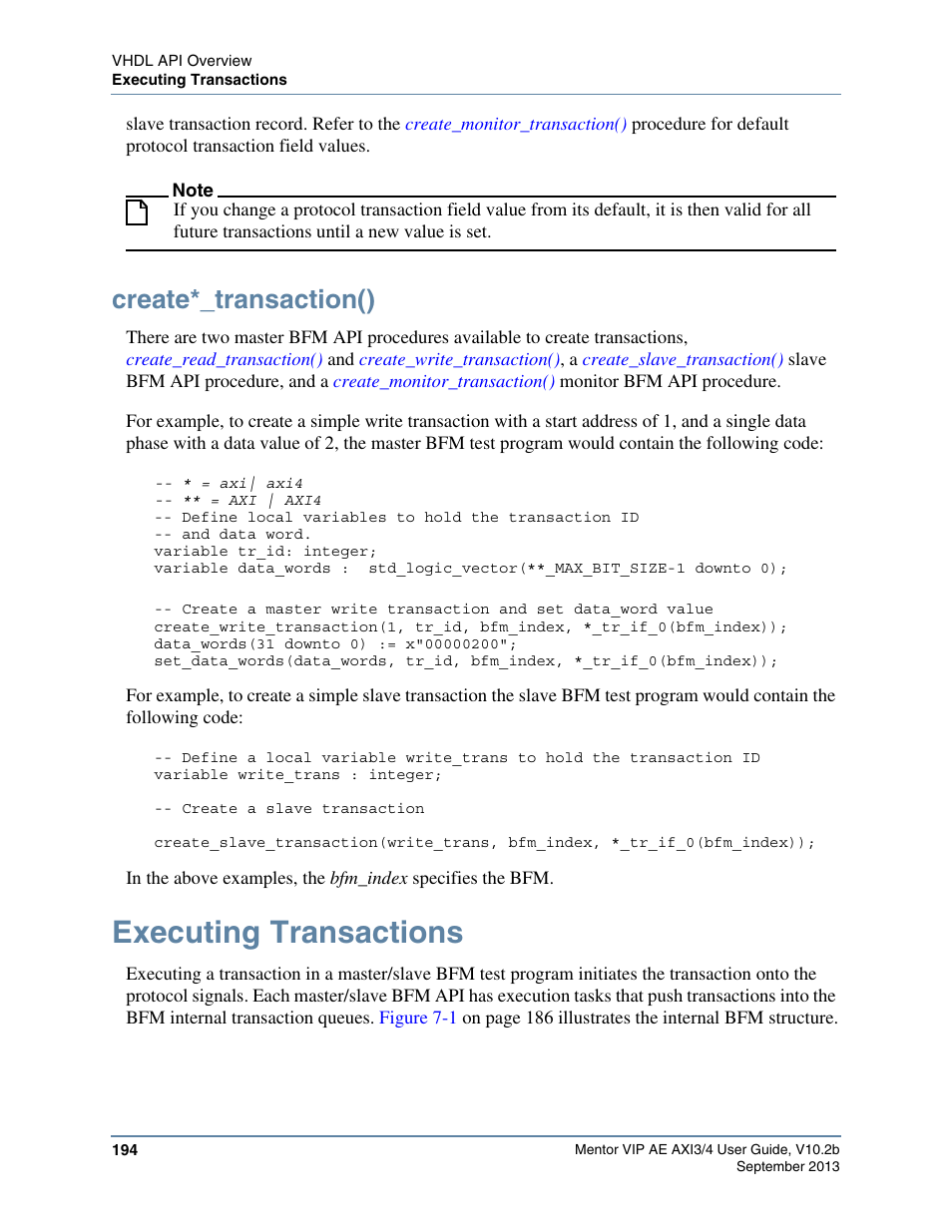 Create*_transaction(), Executing transactions | Altera Mentor Verification IP Altera Edition AMBA AXI3/4TM User Manual | Page 212 / 783