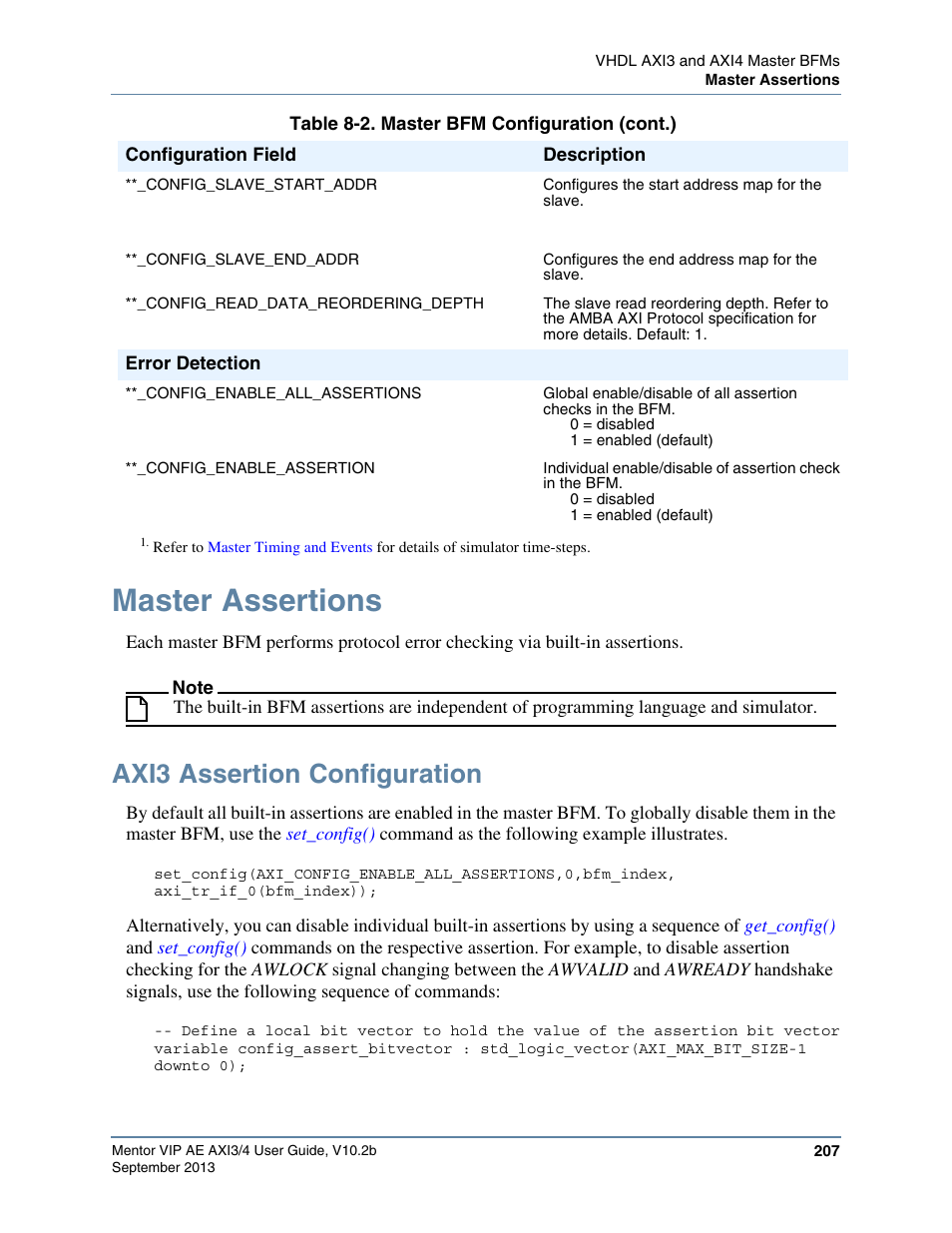 Master assertions, Axi3 assertion configuration | Altera Mentor Verification IP Altera Edition AMBA AXI3/4TM User Manual | Page 225 / 783