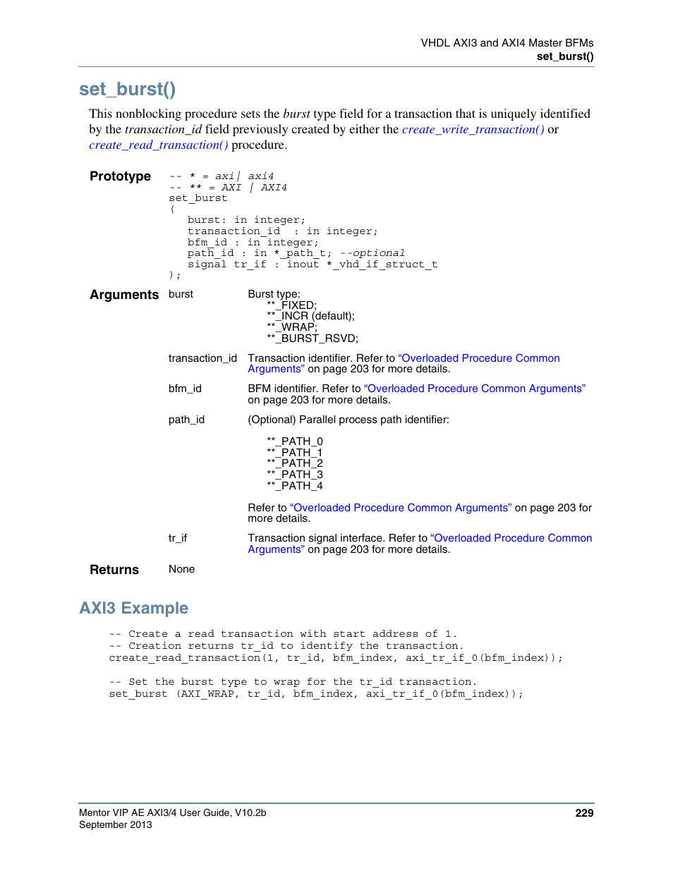 Set_burst(), Axi3 example | Altera Mentor Verification IP Altera Edition AMBA AXI3/4TM User Manual | Page 247 / 783