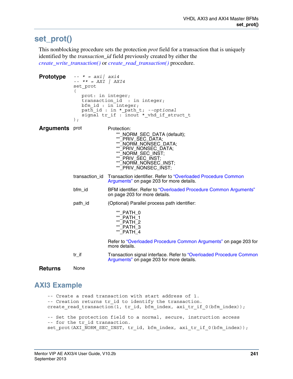 Set_prot(), Axi3 example | Altera Mentor Verification IP Altera Edition AMBA AXI3/4TM User Manual | Page 259 / 783