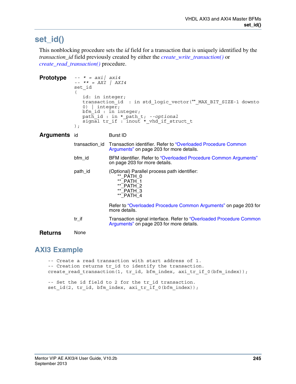 Set_id(), Axi3 example | Altera Mentor Verification IP Altera Edition AMBA AXI3/4TM User Manual | Page 263 / 783