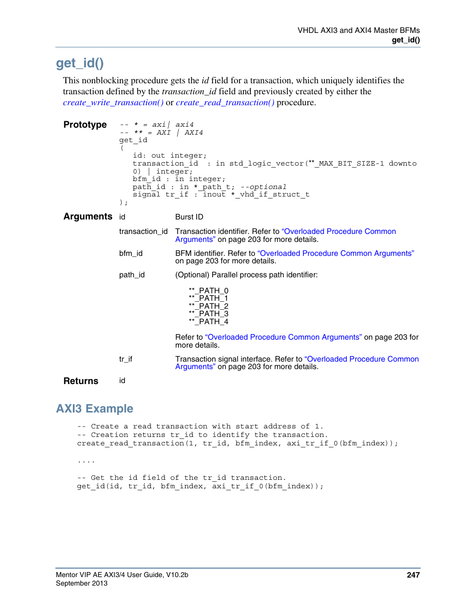 Get_id(), Axi3 example | Altera Mentor Verification IP Altera Edition AMBA AXI3/4TM User Manual | Page 265 / 783
