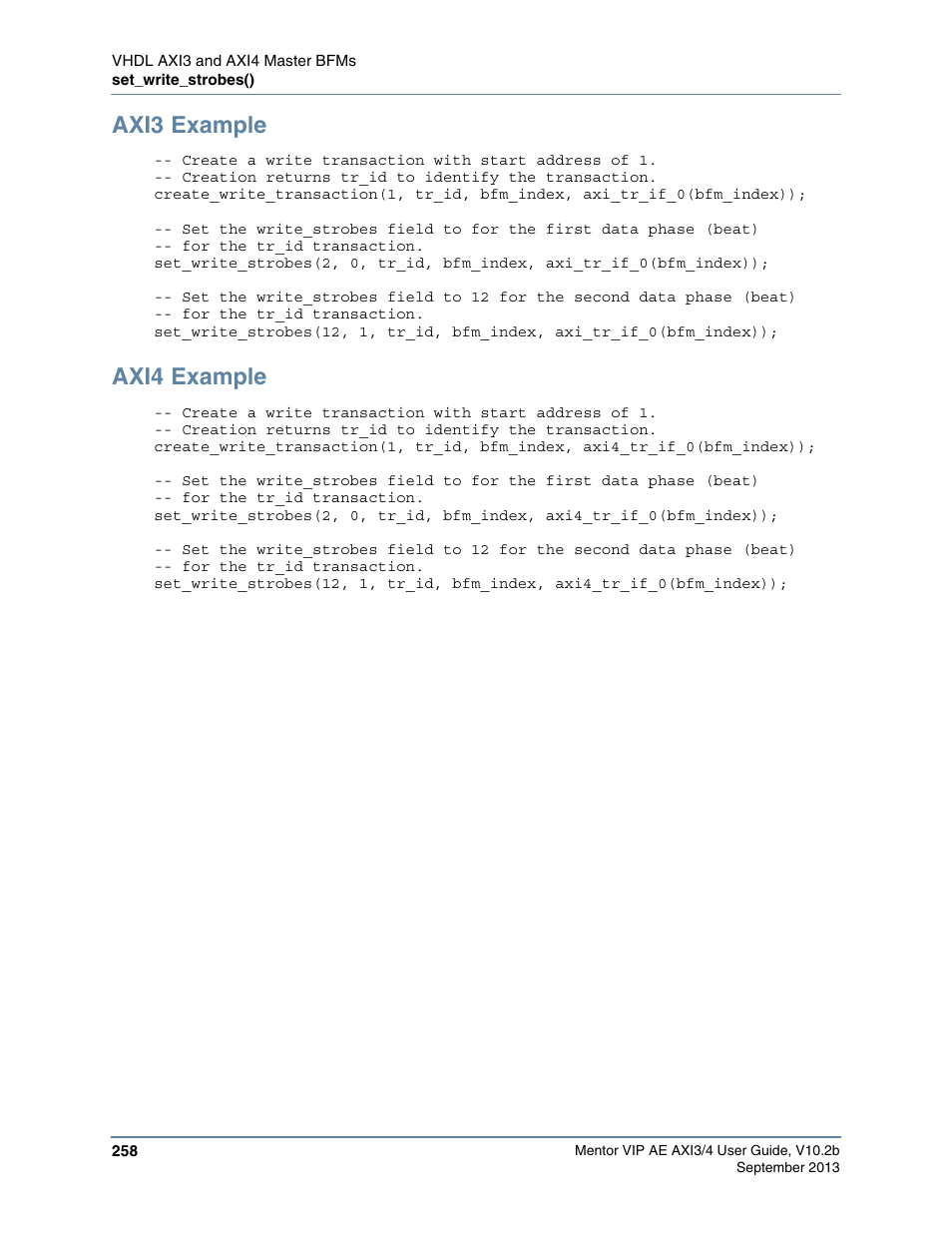 Axi3 example, Axi4 example | Altera Mentor Verification IP Altera Edition AMBA AXI3/4TM User Manual | Page 276 / 783