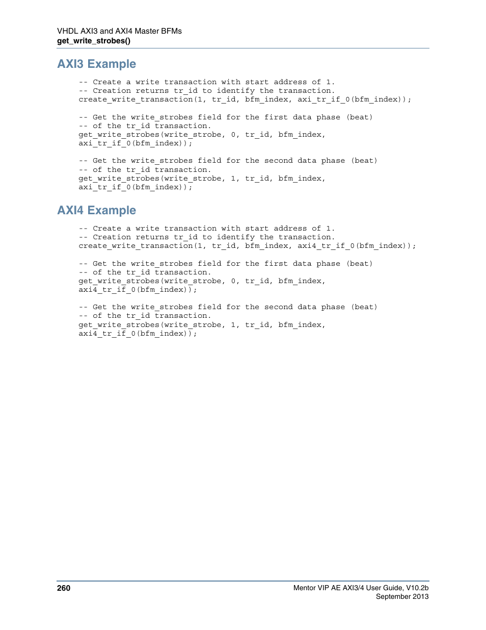 Axi3 example, Axi4 example | Altera Mentor Verification IP Altera Edition AMBA AXI3/4TM User Manual | Page 278 / 783