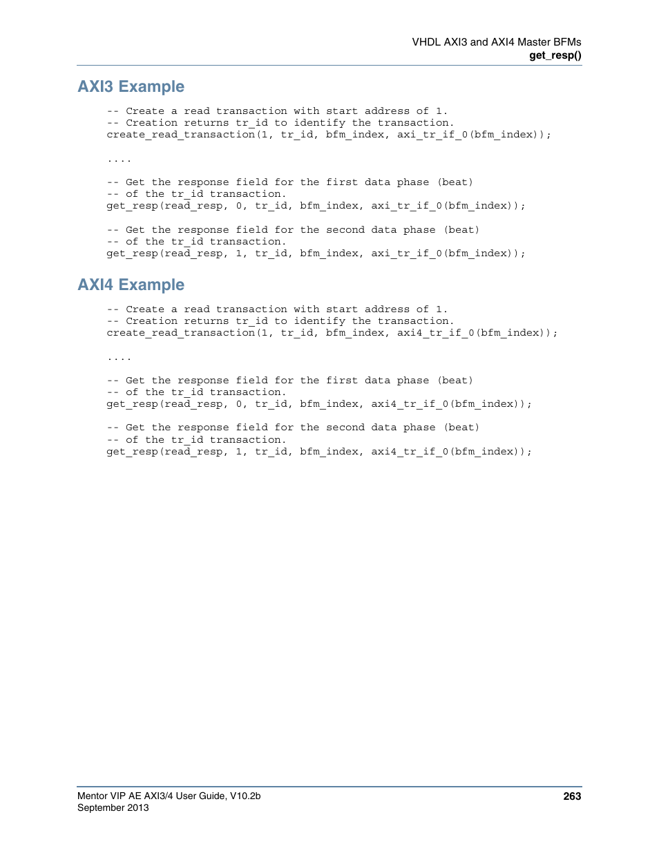 Axi3 example, Axi4 example | Altera Mentor Verification IP Altera Edition AMBA AXI3/4TM User Manual | Page 281 / 783