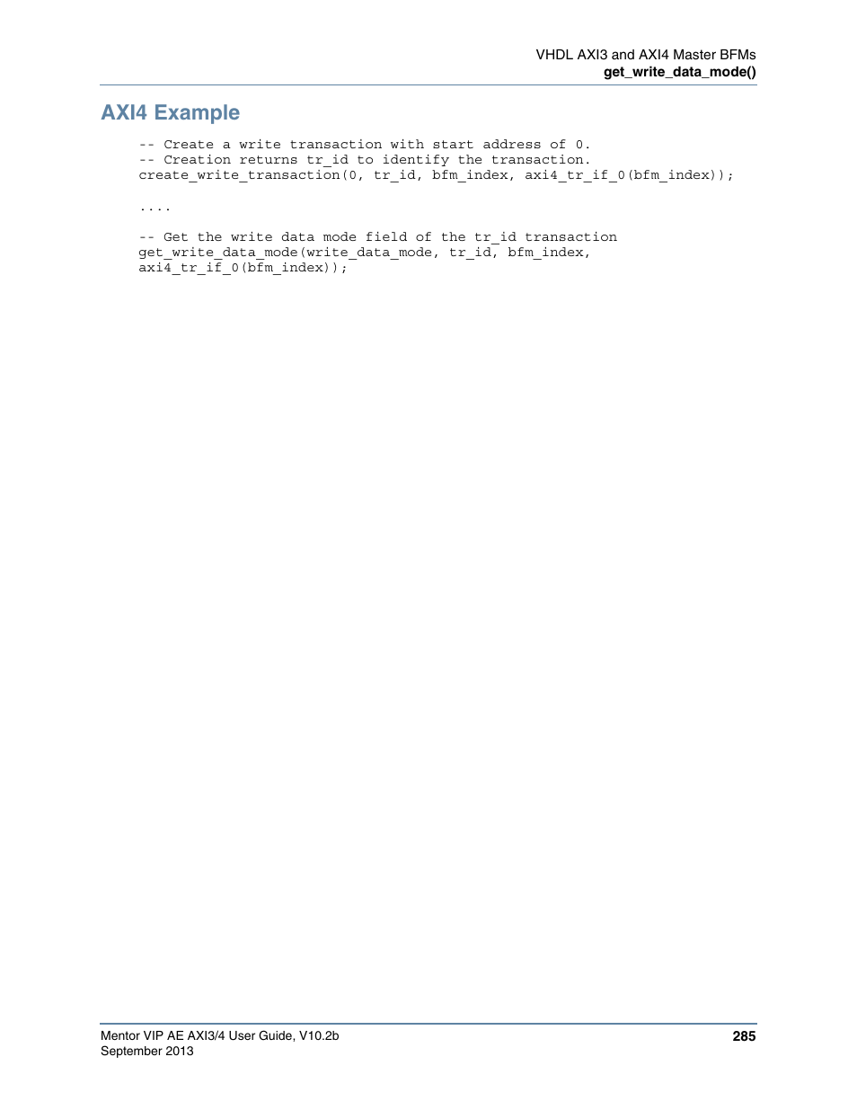 Axi4 example | Altera Mentor Verification IP Altera Edition AMBA AXI3/4TM User Manual | Page 303 / 783