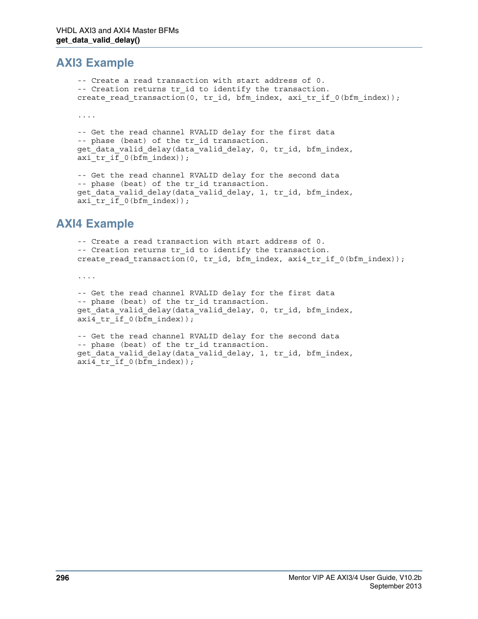 Axi3 example, Axi4 example | Altera Mentor Verification IP Altera Edition AMBA AXI3/4TM User Manual | Page 314 / 783