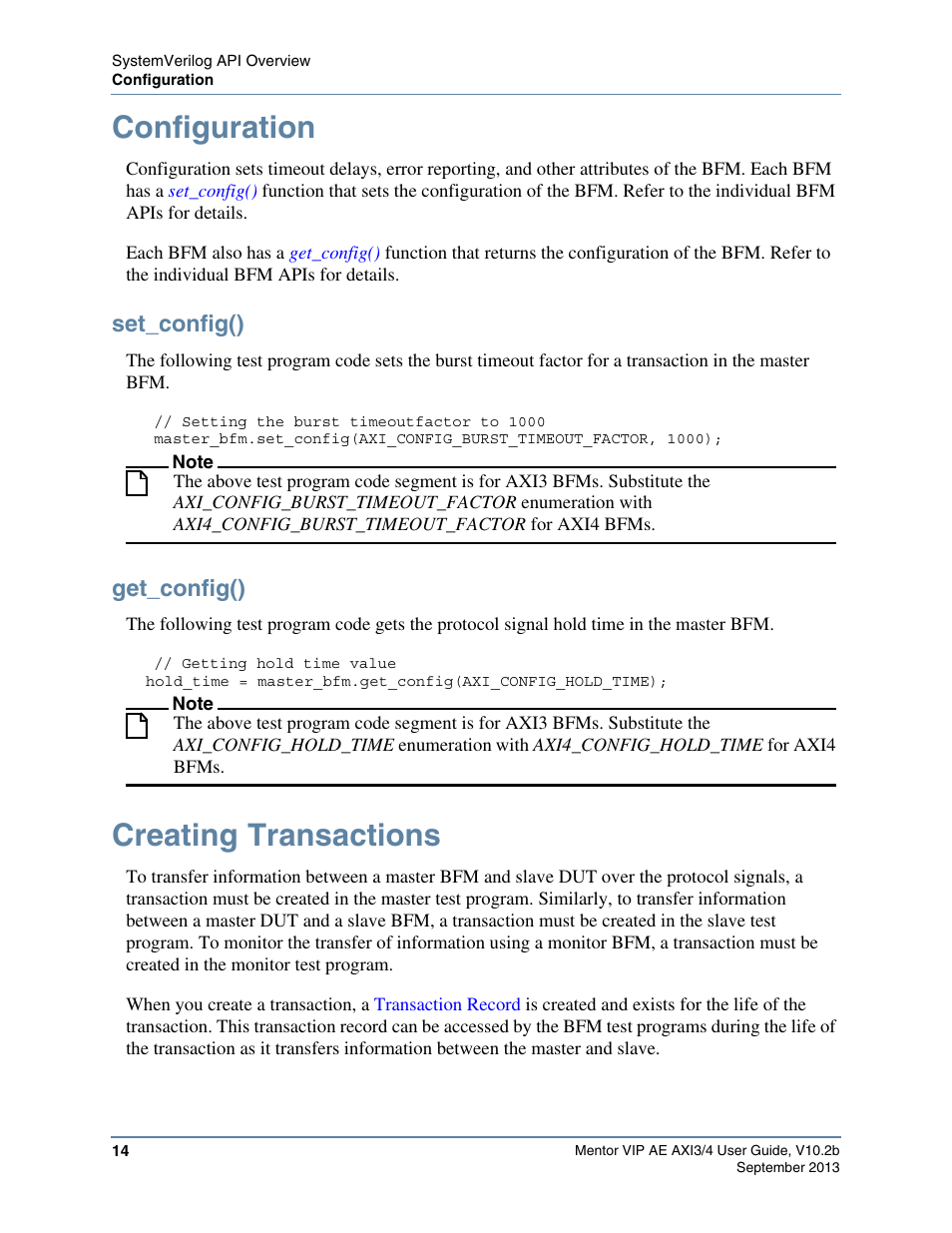 Configuration, Set_config(), Get_config() | Creating transactions | Altera Mentor Verification IP Altera Edition AMBA AXI3/4TM User Manual | Page 32 / 783