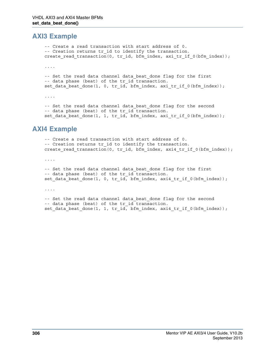 Axi3 example, Axi4 example | Altera Mentor Verification IP Altera Edition AMBA AXI3/4TM User Manual | Page 324 / 783