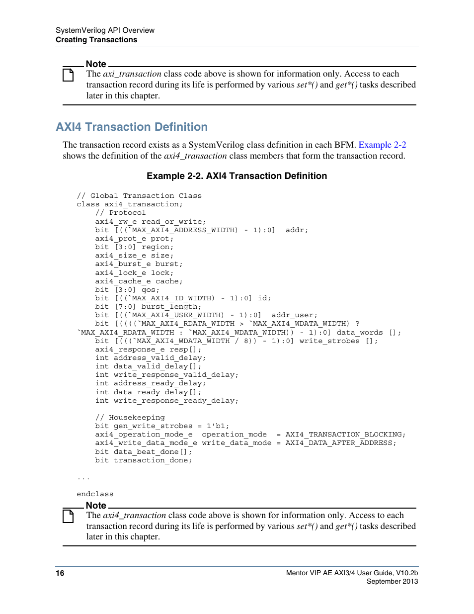 Axi4 transaction definition, Example 2-2. axi4 transaction definition | Altera Mentor Verification IP Altera Edition AMBA AXI3/4TM User Manual | Page 34 / 783